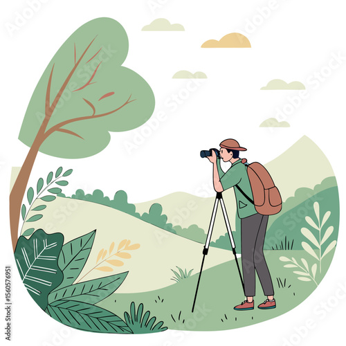 A photographer with a backpack takes a picture in nature with a tripod and a camera in a landscape