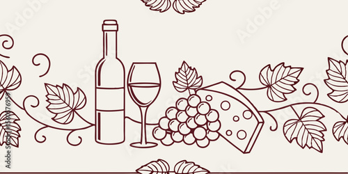 Horizontal seamless vector pattern featuring wine, cheese, and grapes  