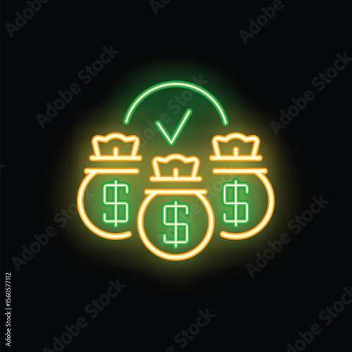 Neon sign illuminating money bags validated with a green check mark