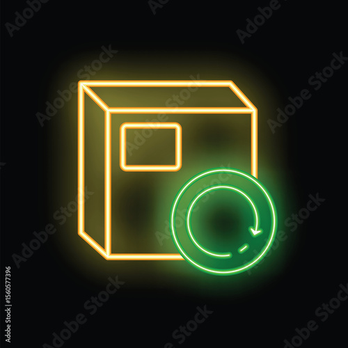 Bright neon green recycling symbol glowing next to a cardboard box on a black background