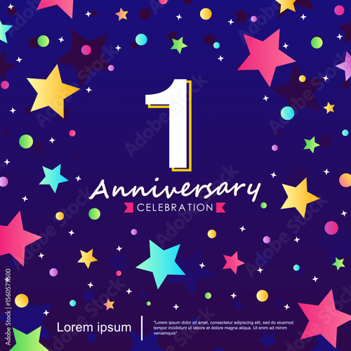 1st year anniversary celebration emblem. congratulation anniversary logo isolated with ribbon and stars twinkle sparkle. vector illustration template design for web, flyers, poster, greeting card