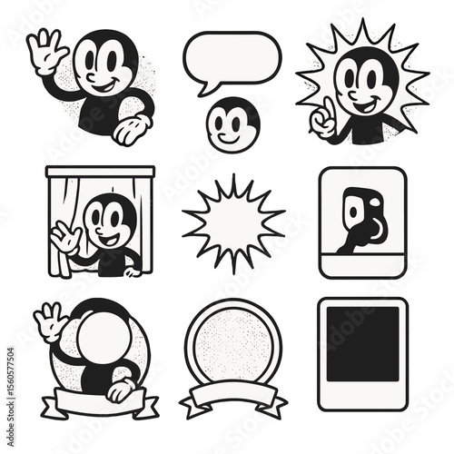 Iconic Grid Portraits. hose limbs, gloved hand, big expressive eyes, simplified smile, speech balloon, starburst backdrop, striped