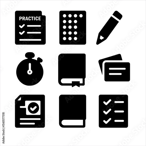 Iconic Test and Art Materials. Solid, filled icon set of test preparation materials: practice test, scantron sheet, pencil, timer,