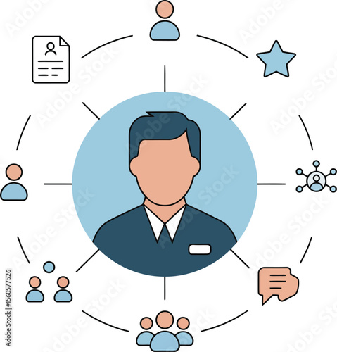 Person connected with business communication and resources as an scalable graphic, ready for use in presentations or web projects related to business topics.