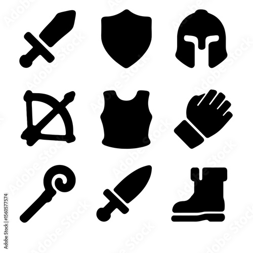 Iconic Weapon and Armor Set. Solid, filled icon set of weapon and armor rewards: sword, shield, helmet, bow, armor chestplate,