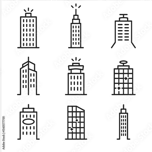 Illuminated Skyscraper Icons. Outline icon set of illuminated skyscrapers: lit window grid, rooftop beacon, spire uplight, facade