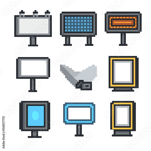 Illuminated Icon Set. Pixel art icon set of billboard and ad lighting: floodlit billboard, LED display panel, scrolling marquee,