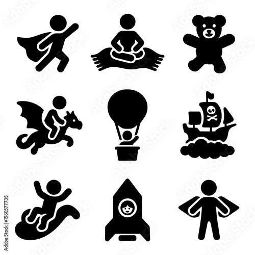 Imaginative Flight Icons. Solid, Filled icon set of children’s imaginative flights: superhero cape, magic carpet, flying teddy