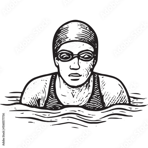 Black-and-white sketch of a swimmer in cap and goggles, head above water, with detailed ripples, perfect for sports art