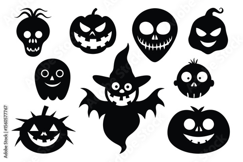 Halloween silhouette icons with spooky pumpkin and ghost faces
