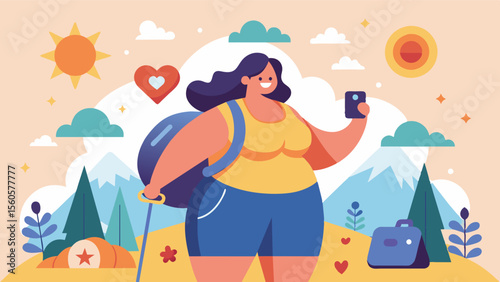A travel influencer showcasing their adventures while promoting body positivity and selflove by embracing their body in all types of environments.. Vector illustration