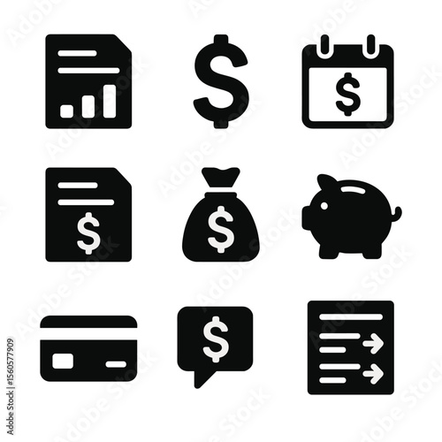 Income Tools Icons. Solid, filled icon set of income tracking tools: earnings report, dollar sign, calendar with payday, bank