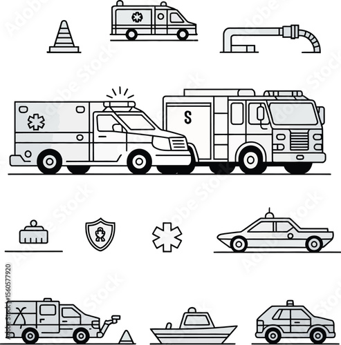 Emergency vehicle collection with rescue services, including ambulance, fire truck, and police car for safety themed projects.