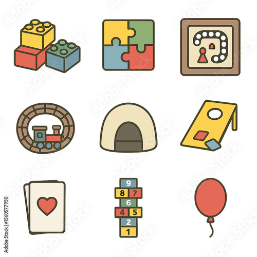 Indoor Game Icons. Flat icon set of indoor bonding games: building blocks, puzzle pieces, board game, toy train track,