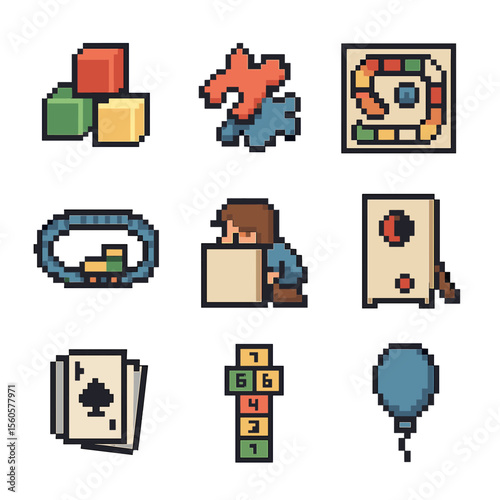 Indoor Games Icons. Pixel art icon set of indoor bonding games: building blocks, puzzle pieces, board game, toy train track,