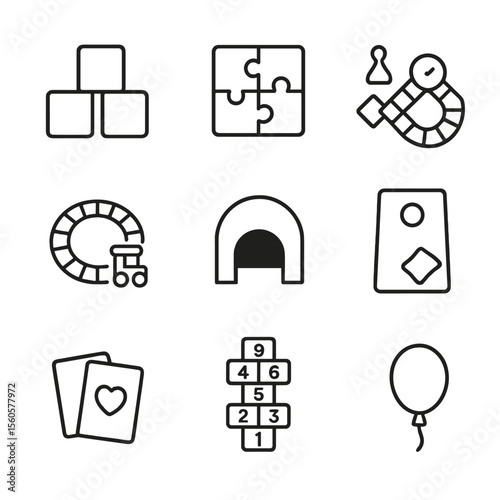 Indoor Games Icons. Outline icon set of indoor bonding games: building blocks, puzzle pieces, board game, toy train track,