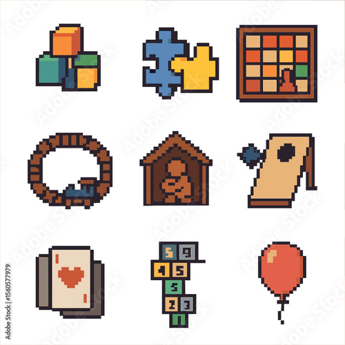 Indoor Games Icons. Pixel art icon set of indoor bonding games: building blocks, puzzle pieces, board game, toy train track,