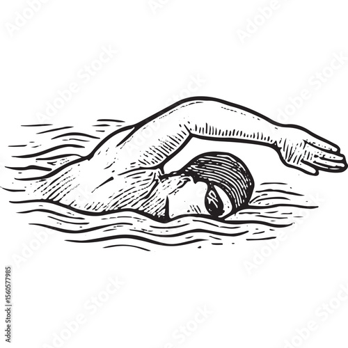 Swimmer in breaststroke, arms forward, water ripples, detailed drawing