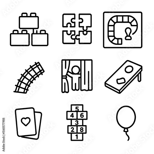 Indoor Games Icons. Outline icon set of indoor bonding games: building blocks, puzzle pieces, board game, toy train track,