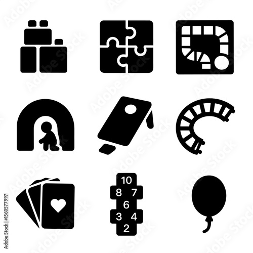 Indoor Games Icons. Solid, Filled icon set of indoor bonding games: building blocks, puzzle pieces, board game, toy train track,