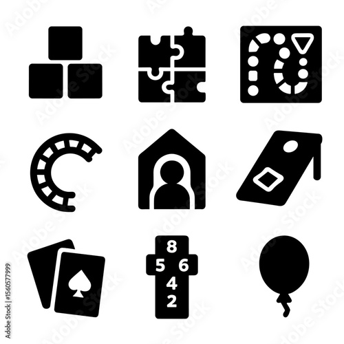 Indoor Games Icons. Solid, Filled icon set of indoor bonding games: building blocks, puzzle pieces, board game, toy train track,
