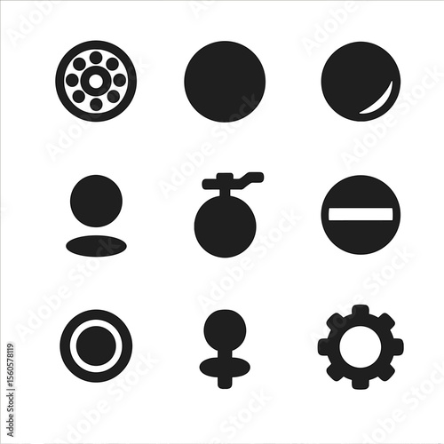 Industrial Ball Icons. Solid, filled icon set of industrial and mechanical balls: ball bearing, steel ball, grinding ball, ball