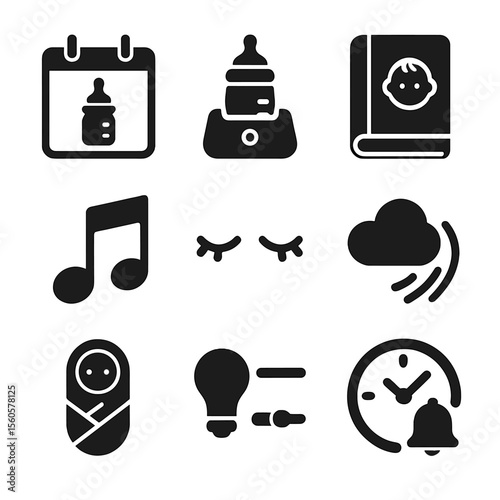 Infant Feeding Icons. Solid, filled icon set of infant feeding routine: feeding schedule, milk warmer, feeding log, calm music,