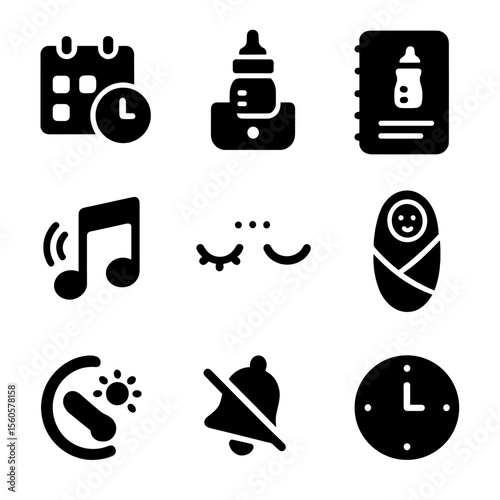 Infant Feeding Icons. Solid, filled icon set of infant feeding routine: feeding schedule, milk warmer, feeding log, calm music,