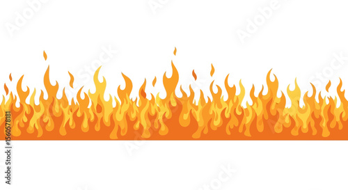 A horizontal border of bright orange and yellow flames burns against a white background