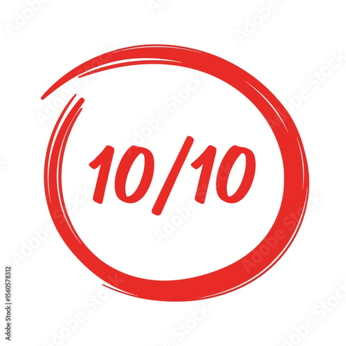 A perfect score of ten out of ten is circled in red, isolated on white background