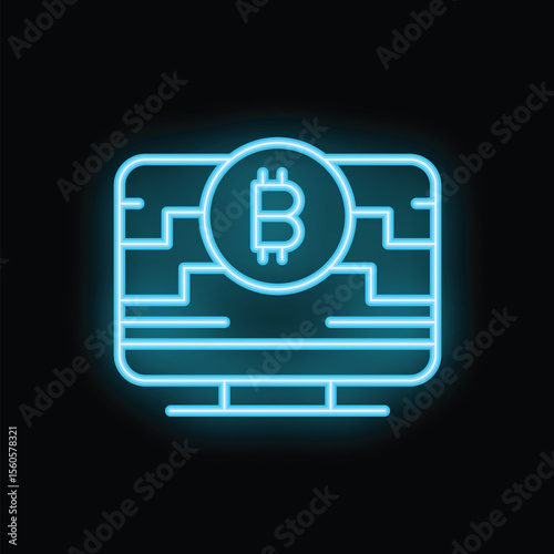Neon blue icon of a computer screen showing a bitcoin symbol on a circuit board background representing cryptocurrency