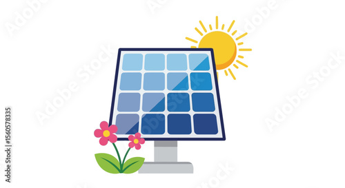 A solar panel with flowers and the sun, isolated on white background