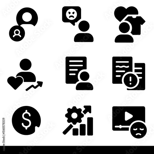 Influencer Marketing Challenges. Solid, filled icon set of influencer marketing challenges: fake followers, negative comments,