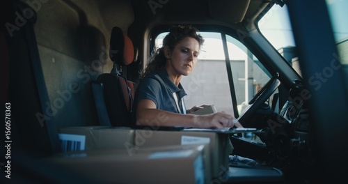 Female Delivery Truck Driver in Car Using Tablet Computer, Filling Out Papers, Delivering Cardboard Boxes with Online Orders, Purchases, E-Commerce Goods. Woman Working in Express Delivery Service.