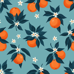 Acrylglasbilder Küchenmuster Orangen mit Blüten auf Blau  © Abir Creative