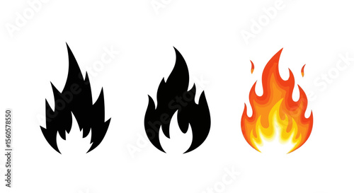 Three stylized fire flames, including a black silhouette and a colorful version, isolated on white background