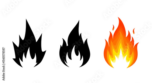 Three stylized flame illustrations, one in black silhouette and one in vibrant orange and yellow, isolated on white background