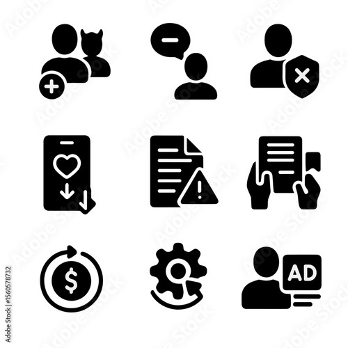 Influencer Marketing Challenges. Solid, filled icon set of influencer marketing challenges: fake followers, negative comments,