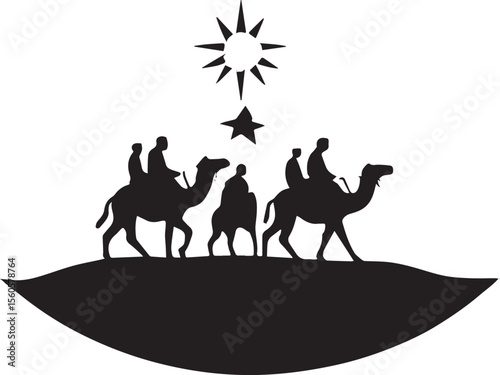 Silhouette of the Three Wise Men on Camels Guided by a Star