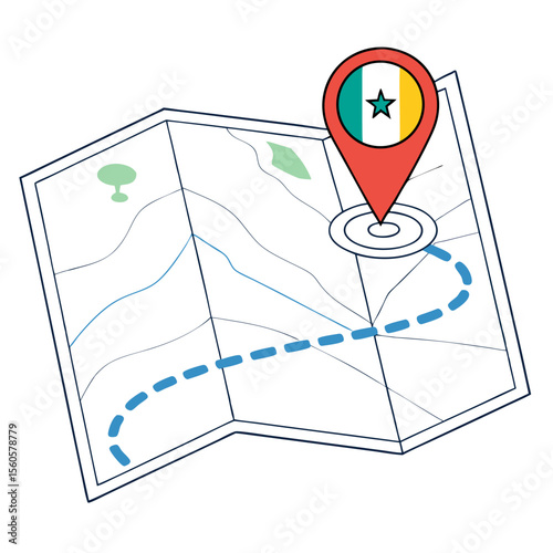 Folded map with a dashed blue line indicating a route and a location pin with the senegal flag on it