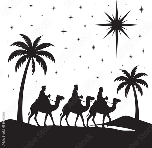 Three Wise Men Following the Star on Camels Silhouette