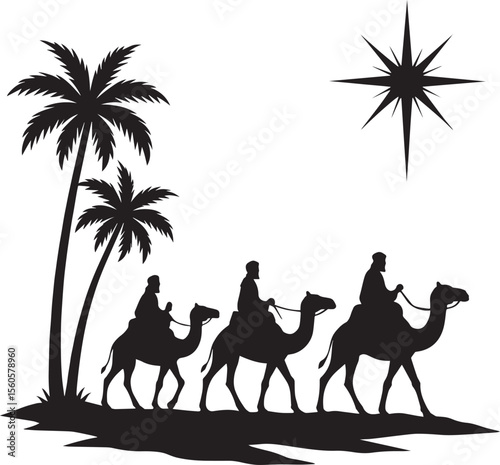 Three Wise Men on Camels Guided by a Star Silhouette