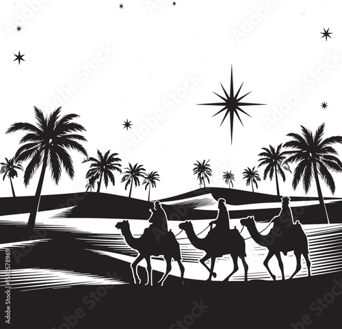 Three Wise Men Journey Guided by a Star, Black and White Silhouette