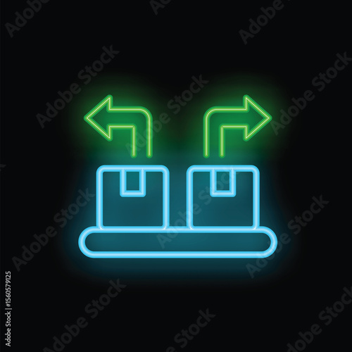 Neon icon representing a sorting system moving cardboard boxes on a conveyor belt