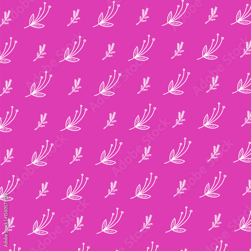 Hand drawn Christmas repeating pattern. A twig of a coniferous tree and a branch with a berry at the end. Hand drawn pattern. Christmas background. White pattern on a purple background.