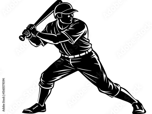 Baseball player isolated on white background. Baseball player silhouette ready to bat minimalist graphic design