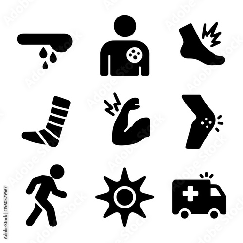 Injury Icons Grid. Solid, filled icon set of physical injury signs: bleeding wound, bruised body, sprained ankle, cast on leg,