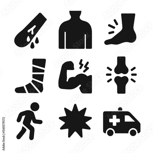 Injury Icons Grid. Solid, filled icon set of physical injury signs: bleeding wound, bruised body, sprained ankle, cast on leg,
