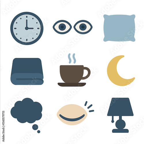 Insomnia Icon Set. Flat icon set of insomnia: clock showing 3 AM, open eyes, pillow, blanket, coffee cup, moon, thought bubble,