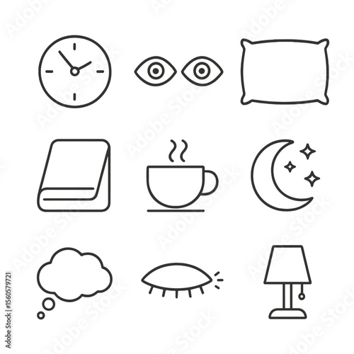 Insomnia Icon Set. Outline icon set of insomnia: clock showing 3 AM, open eyes, pillow, blanket, coffee cup, moon, thought bubble,